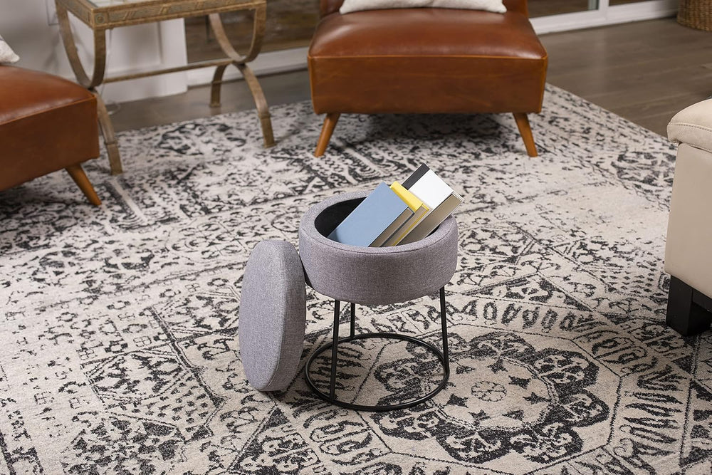 BIRDROCK HOME Grey Linen Storage Stool Ottoman w/Black Metal Leg Base, Soft C...