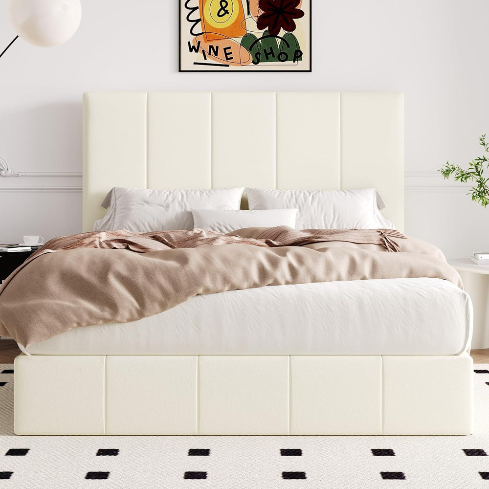 Allewie Full Size Velvet Lift Up Hydrualic Storage Bed Frame, Cream