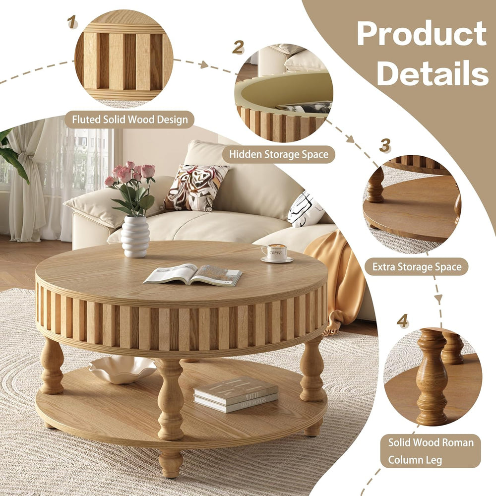 TesNus 31.5'' Round Coffee Table with Storage, Modern Wood Coffee Tab...