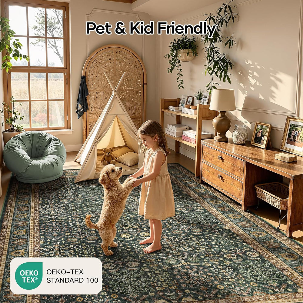 10x14 Washable Area Rug for Living Room, Non-Slip Green Boho Carpet