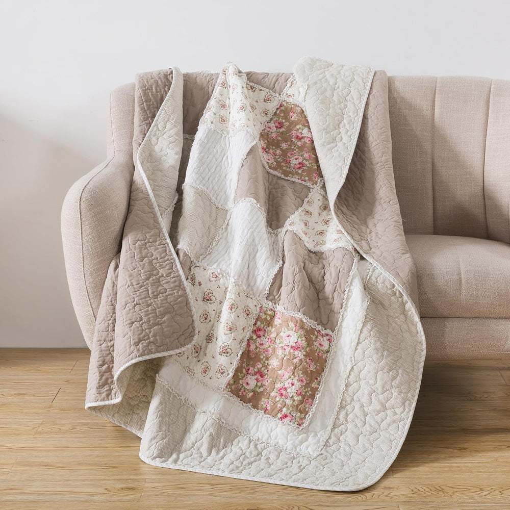 Soul & Lane - Taupe Bloom Beige Cotton Quilted Throw Blanket, 50" x ...