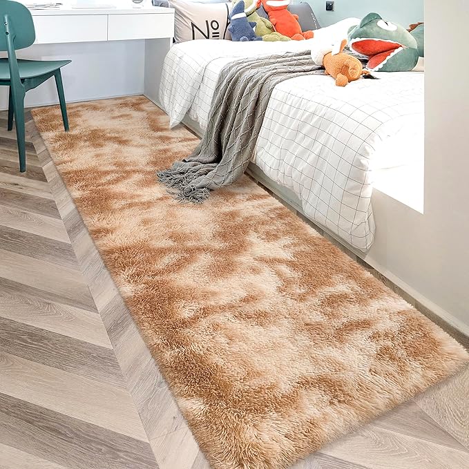 Super Soft Fluffy Living Room Area Rugs 2x10 ft Tie-Dyed Beige Shaggy Furry