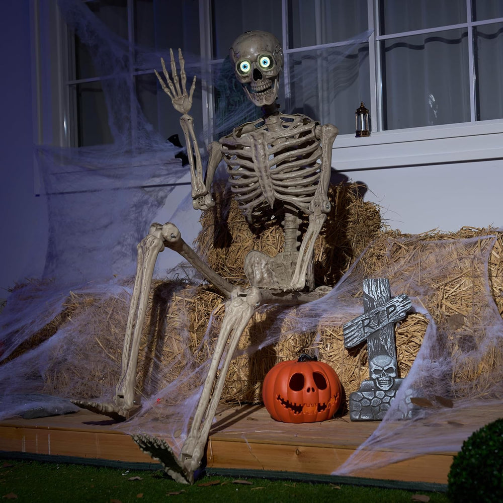 JOYIN 6.9 FT Halloween Posable Skeleton Life Size, Voice Sensing Blink Eyes M...