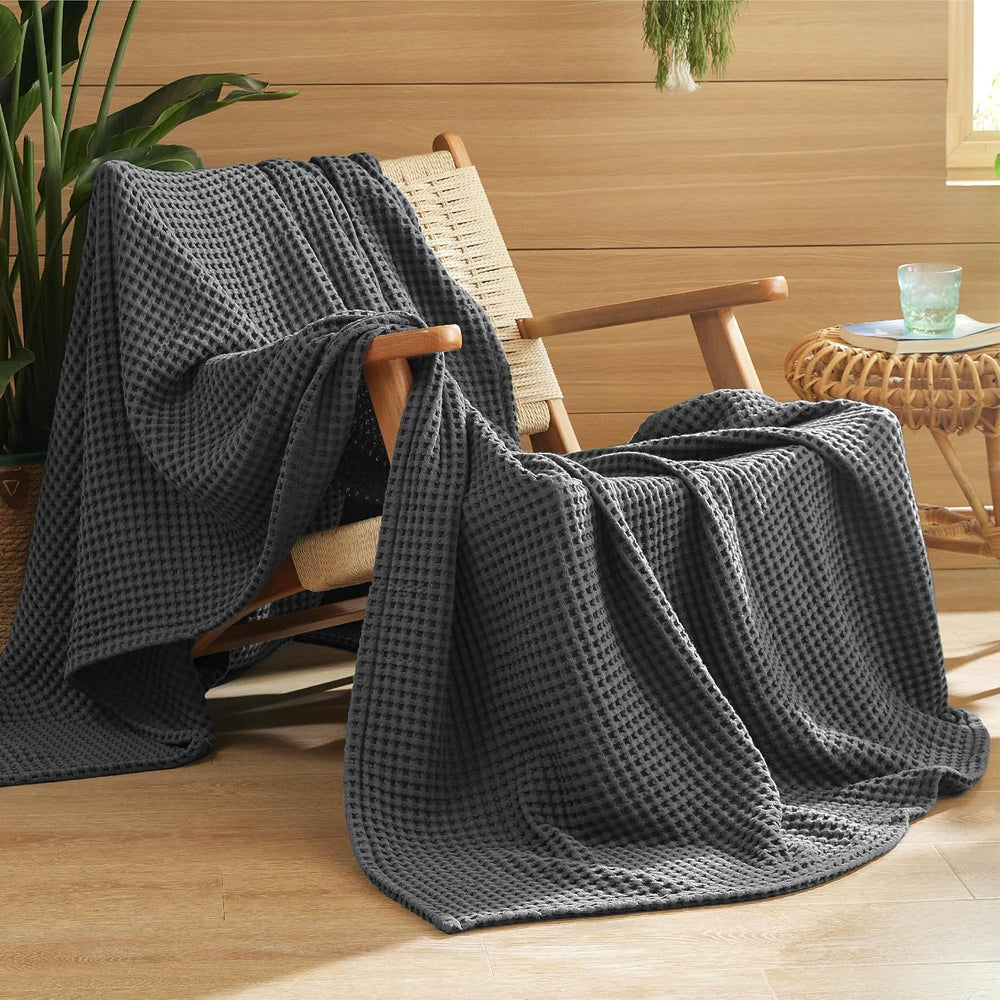 Bedsure Lightweight 100% Cotton Waffle Blanket, Throw XL, Dark Grey