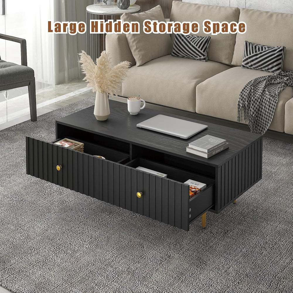 HedoAjim Modern Coffee Table with Storage with 2 Big Drawers, Black Rectangle...
