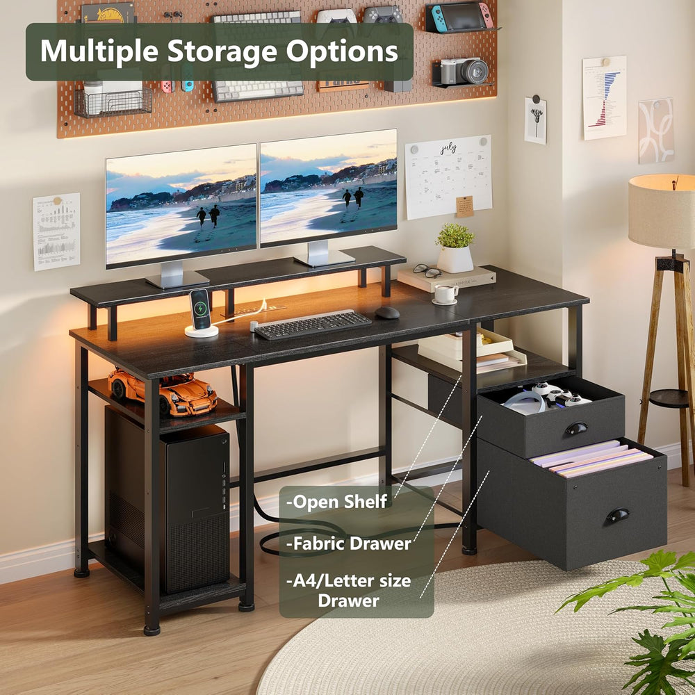Furologee 51" Gaming Desk with Power Outlets & LED Lights, Reversibl...