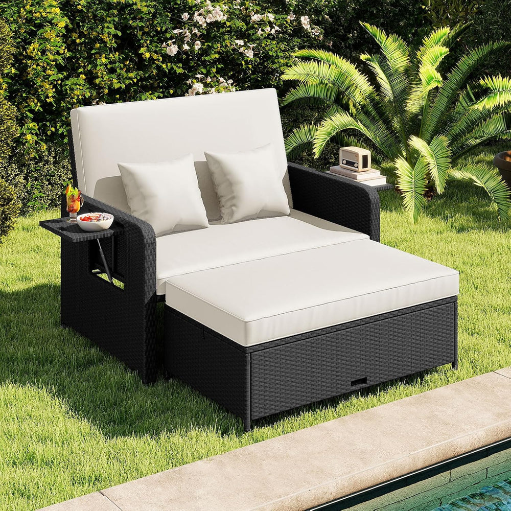 COSTWAY Patio Rattan Daybed with Cushions, Outdoor Wicker Loveseat Sofa