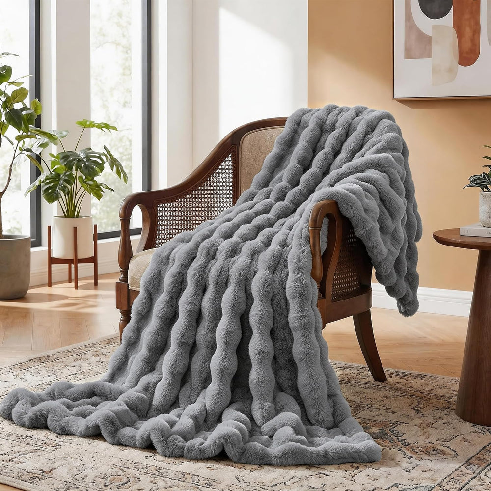 Gray Blanket Twin Size 60x80 Soft Fluffy Faux Fur Bed Cover Fuzzy Plush Bubbl...