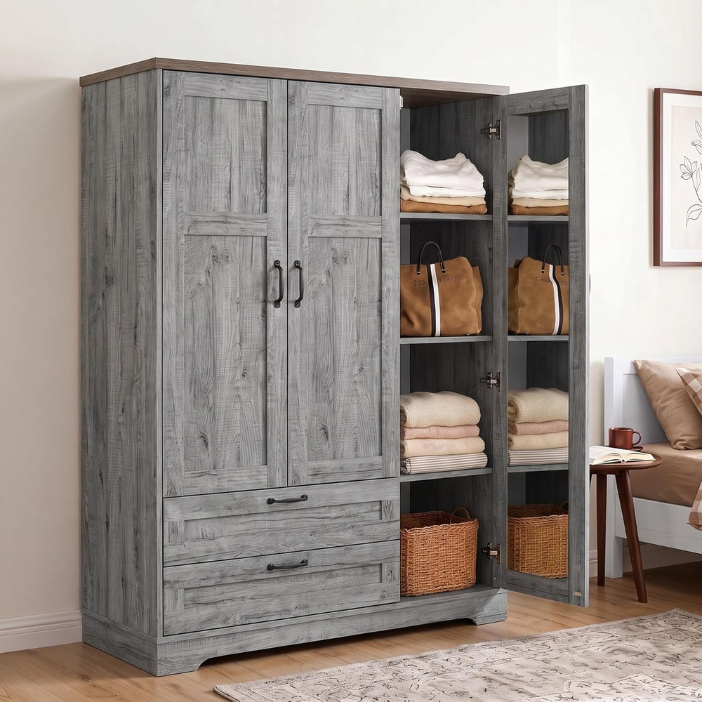 Brafab 62" Wooden Armoire Wardrobe Closet with Mirror, Grey, 3 Doors