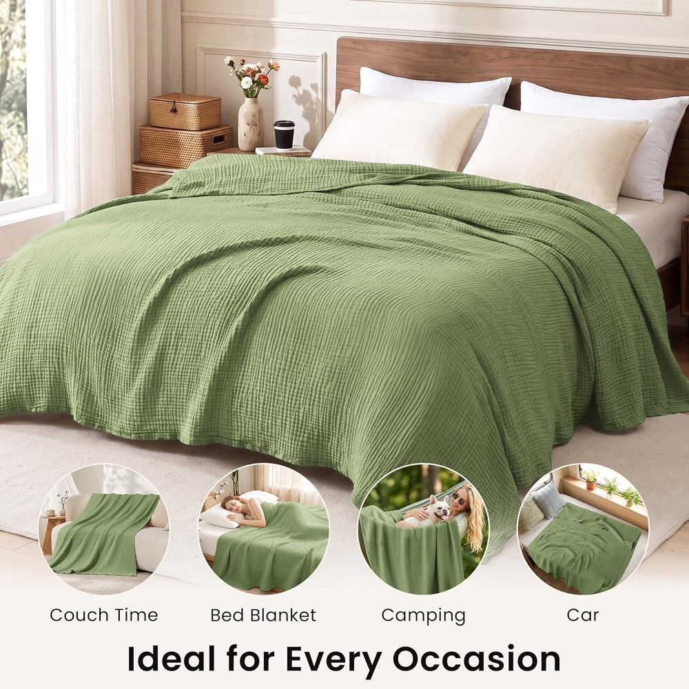 Love's cabin 100% Cotton Muslin Blanket King Size for Bed, Sage Green