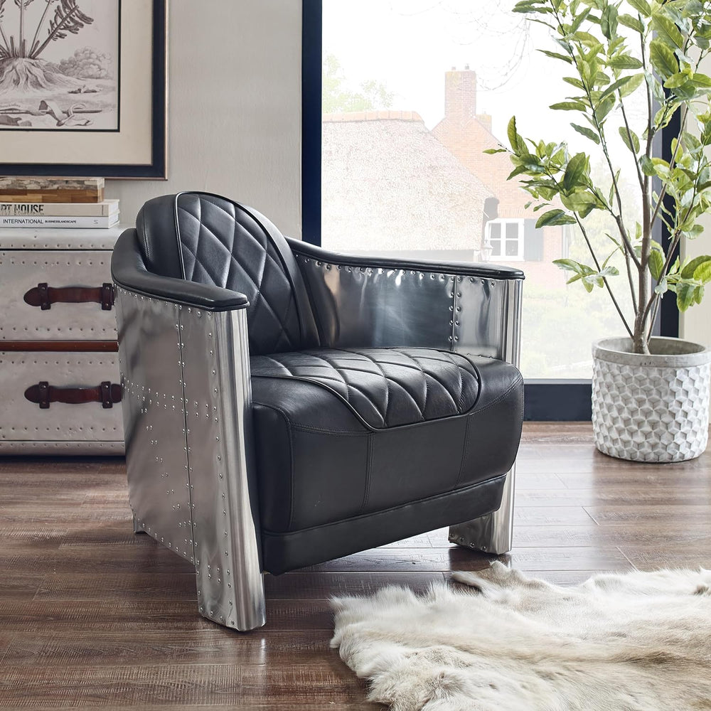Art Leon Mid Century Industrial Genuine Leather Accent Club Chair Black