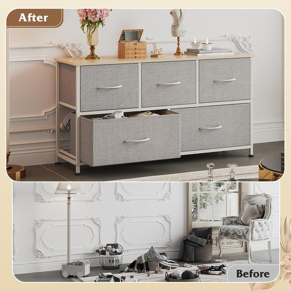 WLIVE Dresser for Bedroom, Wide Dresser with 5 Fabric Drawers, Light Grey