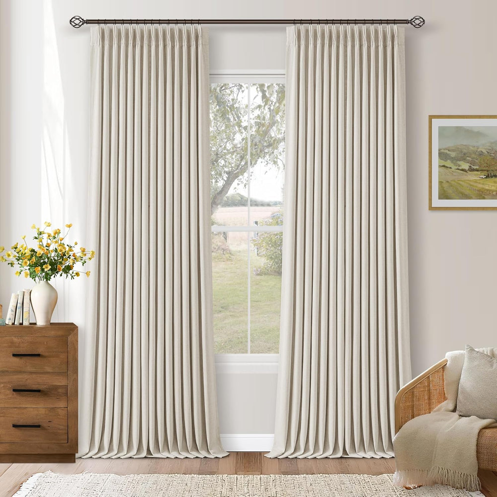 105 Inch Blackout Linen Curtains Pinch Pleat Bedroom Living Room Natural