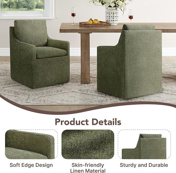 Upholstered Dining Chairs Set of 2, Modern Dining Room Chairs with Casters &a...