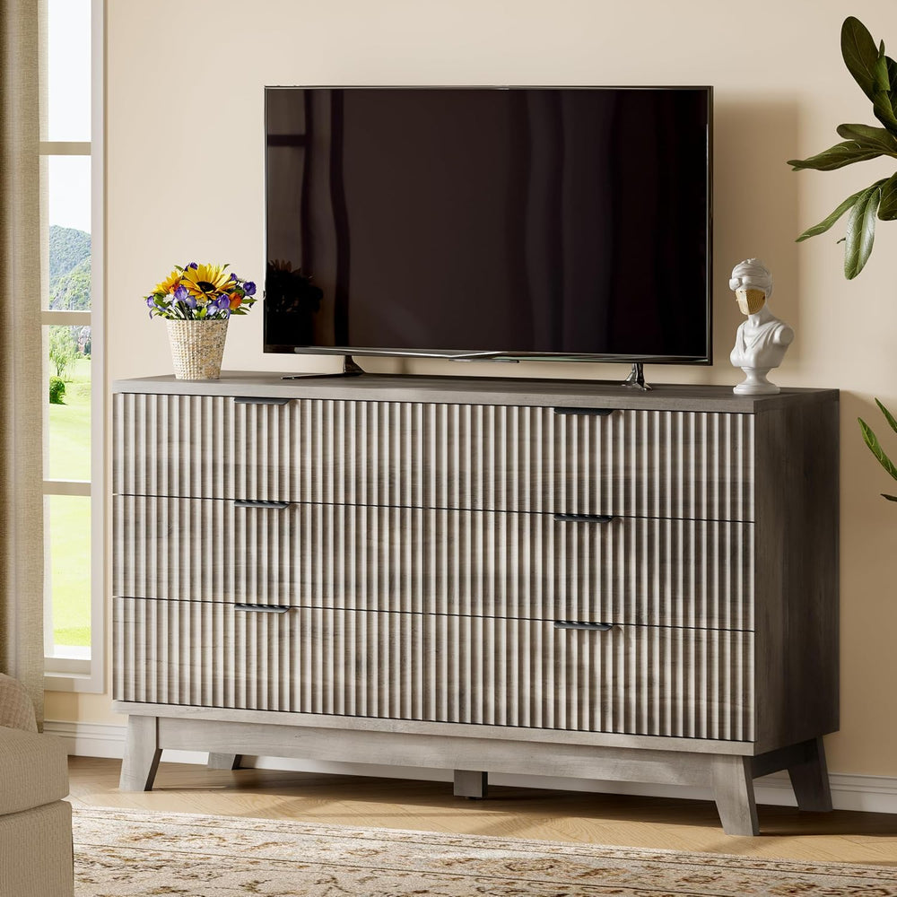 Fluted Dresser with 6 Drawers, 54" Wide Modern Chest of Drawers with Met...