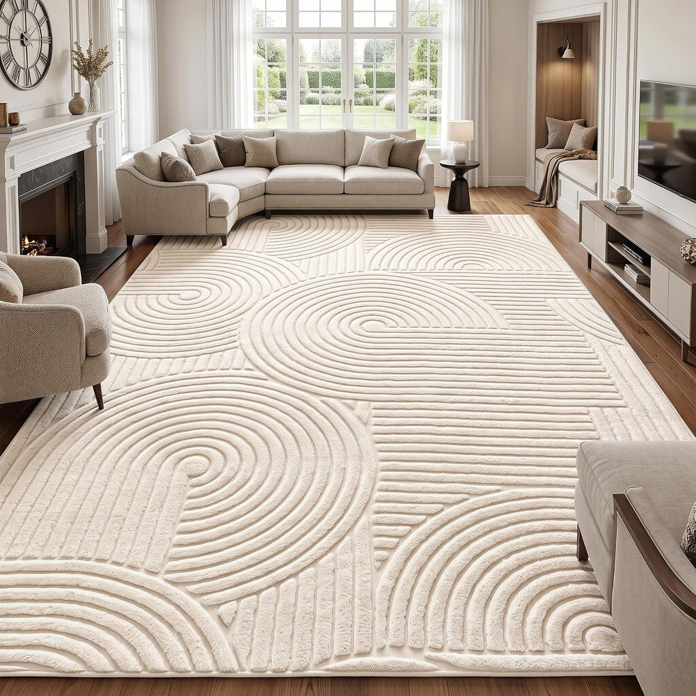 Beige Geometric 9x12 Solid Area Rug, Washable Living Room Rug