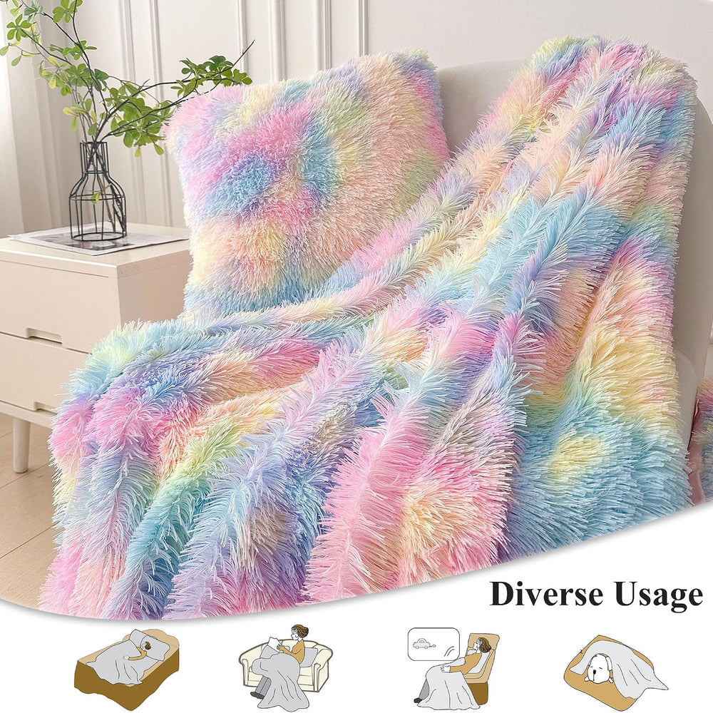 XeGe 3 Pieces Soft Fluffy Faux Fur Throw Blanket Set, Rainbow