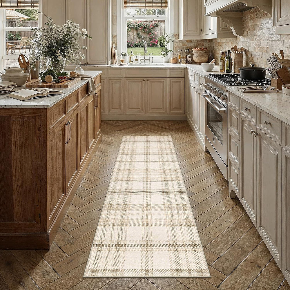 2x6 Beige Plaid Kitchen Runner Rug