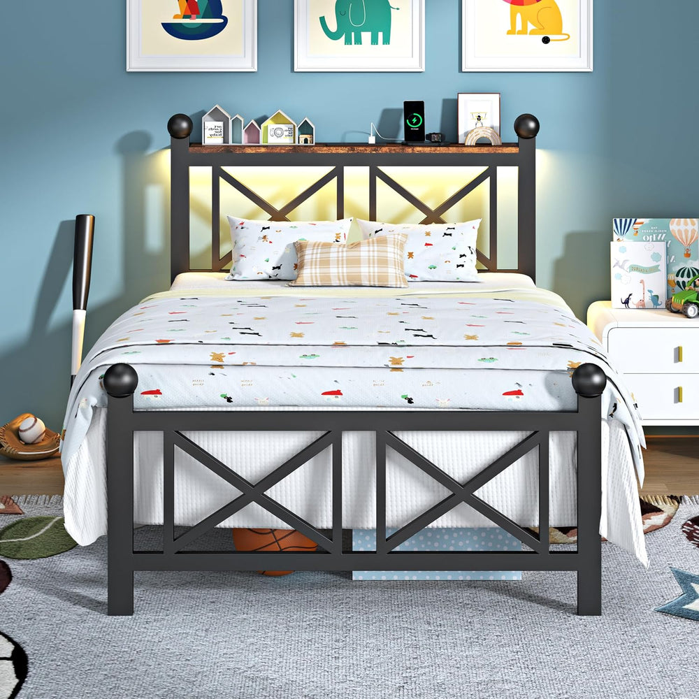 ChicZhiNest Twin Size Bed Frame with Charging Station and LED Lights, Metal P...