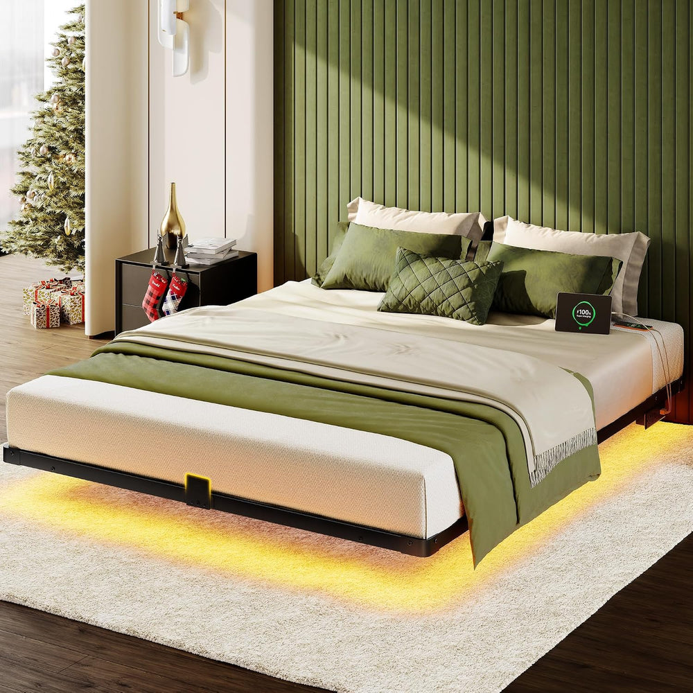 Floating Bed Frame Queen Size, Smart LED Lights & Charging Station, 9.45&...