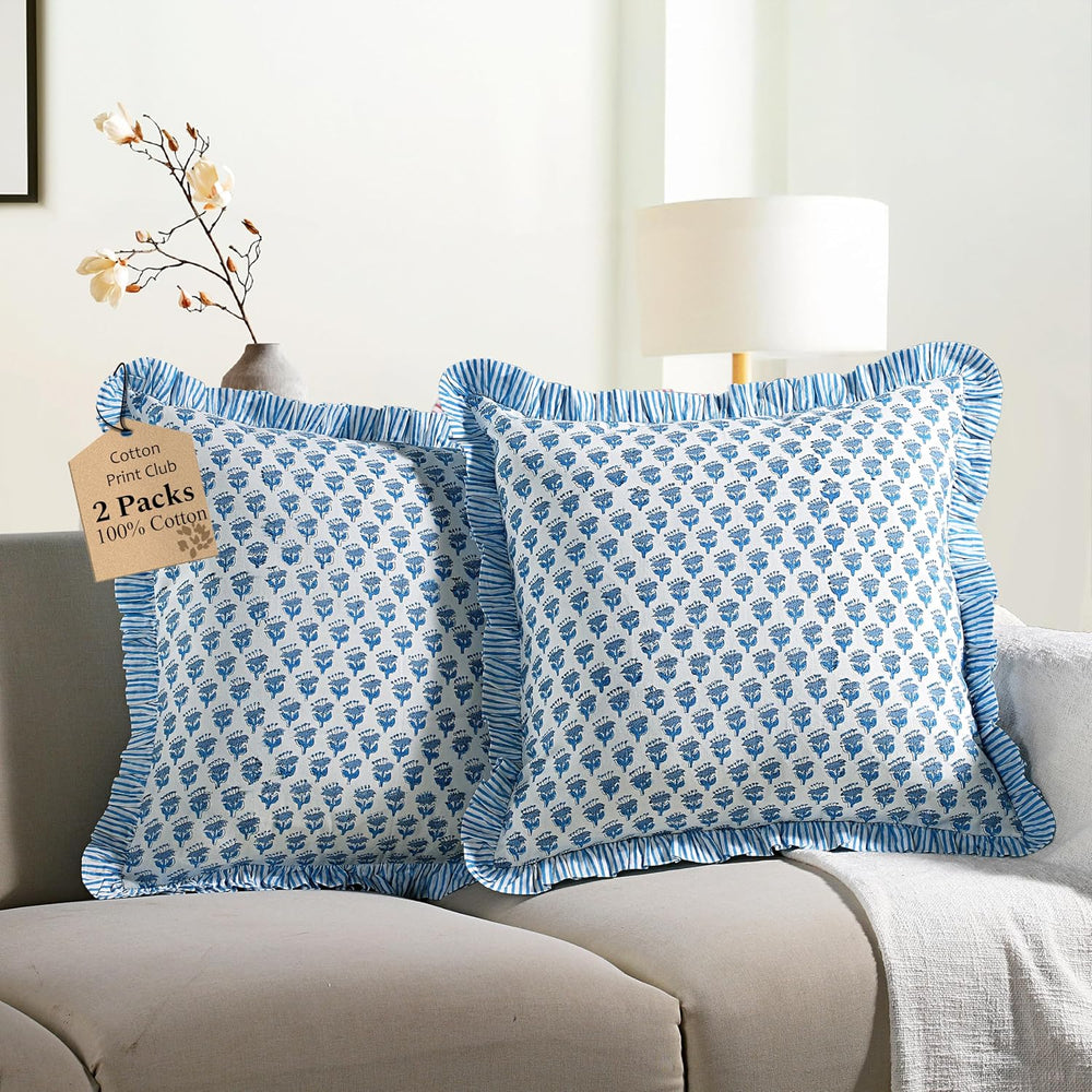 CPC Apatite Blue Block Print Ruffle Pillow Cover 18x18 Inch, Pack of 2