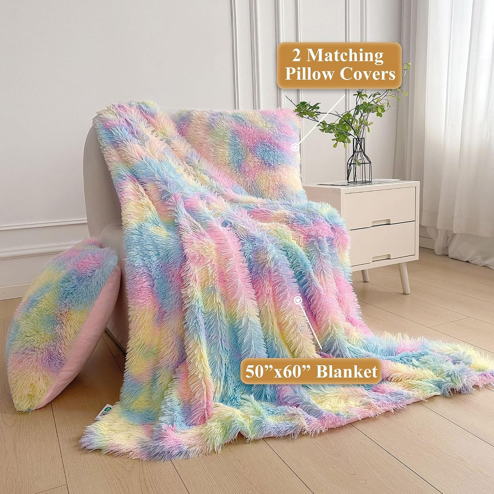 XeGe 3 Pieces Soft Fluffy Faux Fur Throw Blanket Set, Rainbow