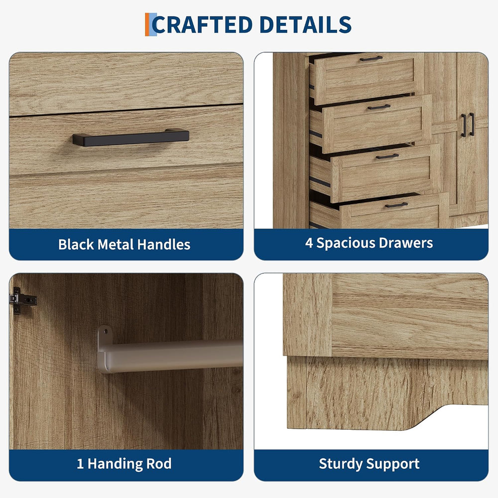 IDEALHOUSE 43.3'' H Armoire Wardrobe Closet with 4 Drawers, Wooden Dr...