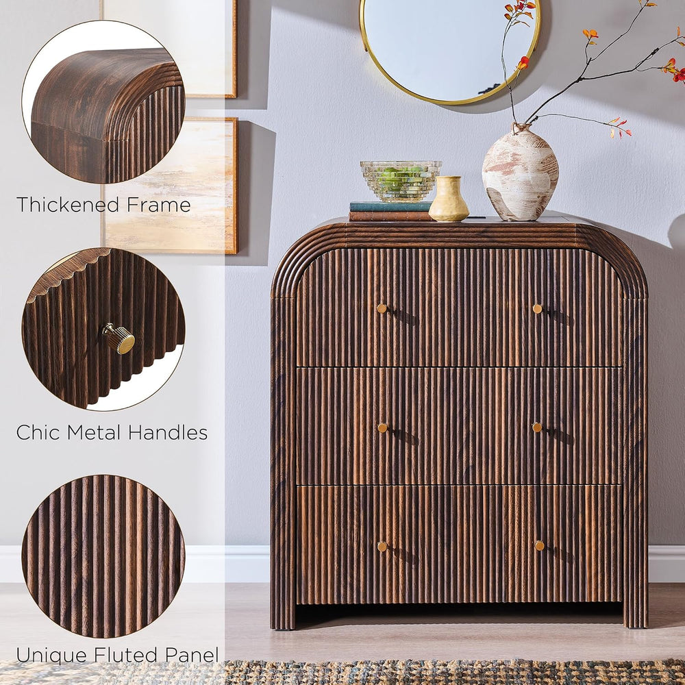 T4TREAM 32" Modern Fluted 3 Drawers Dresser for Bedroom, Dark Walnut