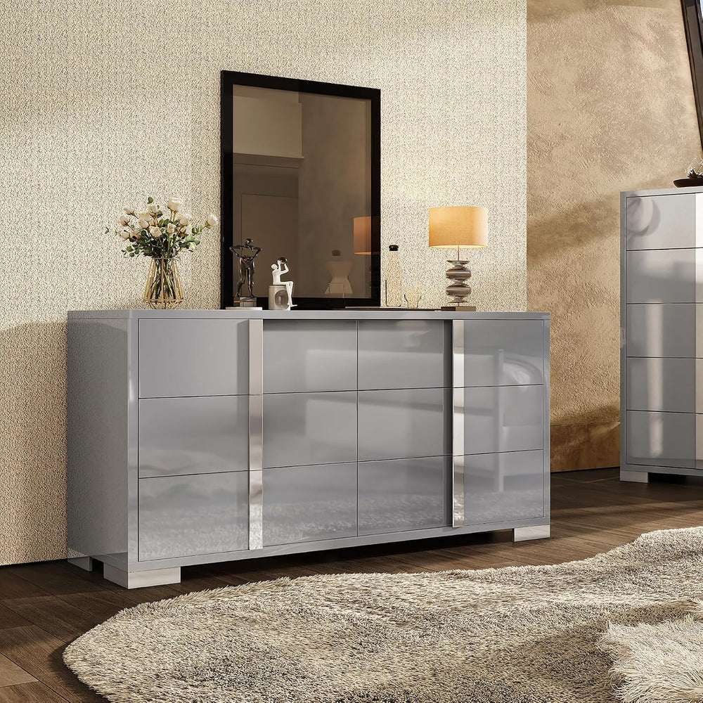 AMERLIFE 6 Drawer Dresser, Modern Storage Chest, High Gloss Finish, Grey