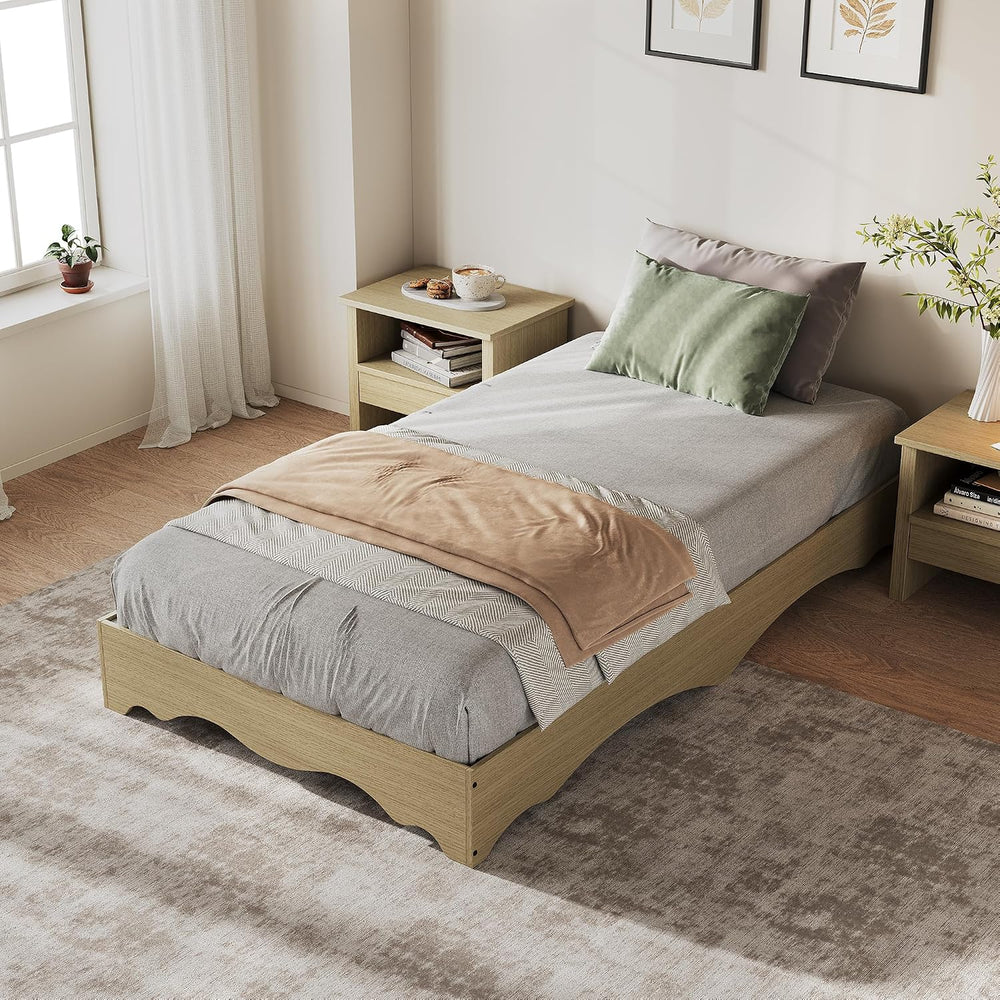 IDEALHOUSE Twin Size Wood Platform Bed Frame, Low Profile Bed with Wavy Wood ...