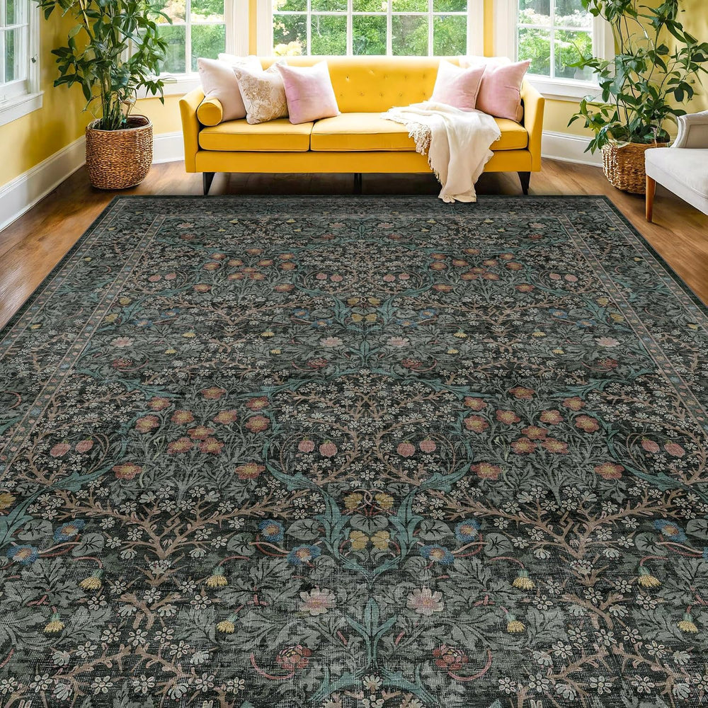 Vintage Washable Dark Green 10x14 Rug for Living Room - Extra Large Area Rug ...