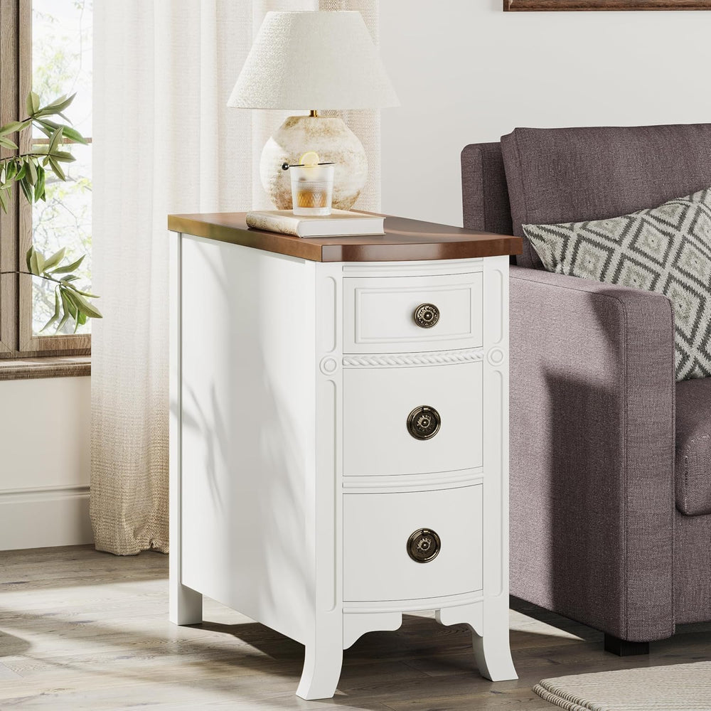 Farmhouse Solid Wood End Table, 3-Drawer Narrow Side Table Slim Chair Table f...