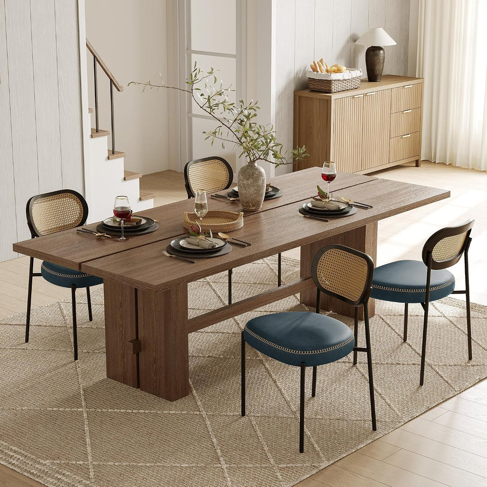 Rattan Dining Chairs Set of 2, Blue Leather Upholstered Dining Chairs with Ra...