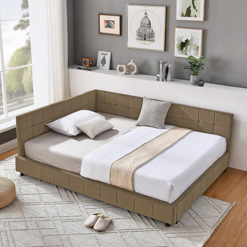 RuiSiSi Full Size Corner Beds, Upholstered Daybed with L Shaped Headboard, Ve...
