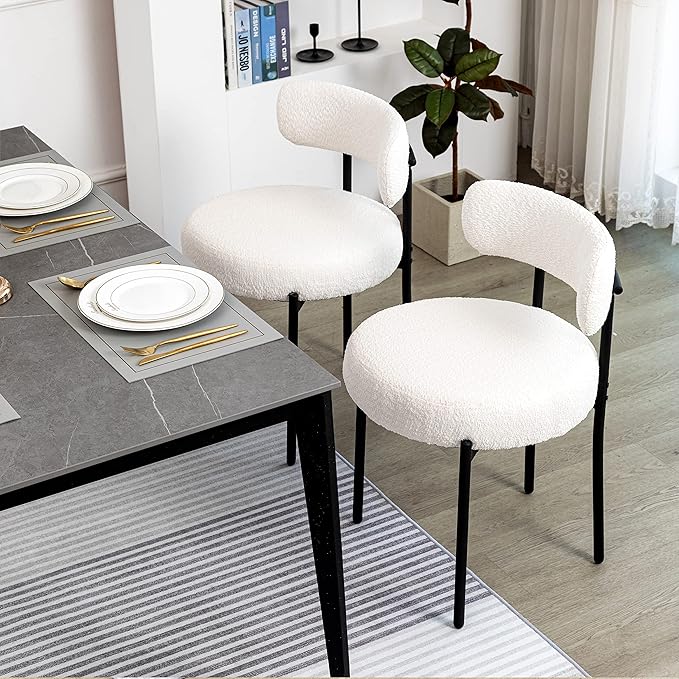 DYHOME White Boucle Dining Chairs Set of 6, Mid Century Modern Dining Room Ch...