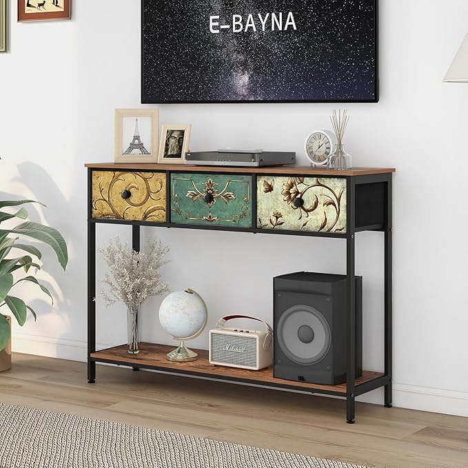 Tohomeor Entryway Console Table with 3 Retro Flowers Fabric Drawers Boho Narr...