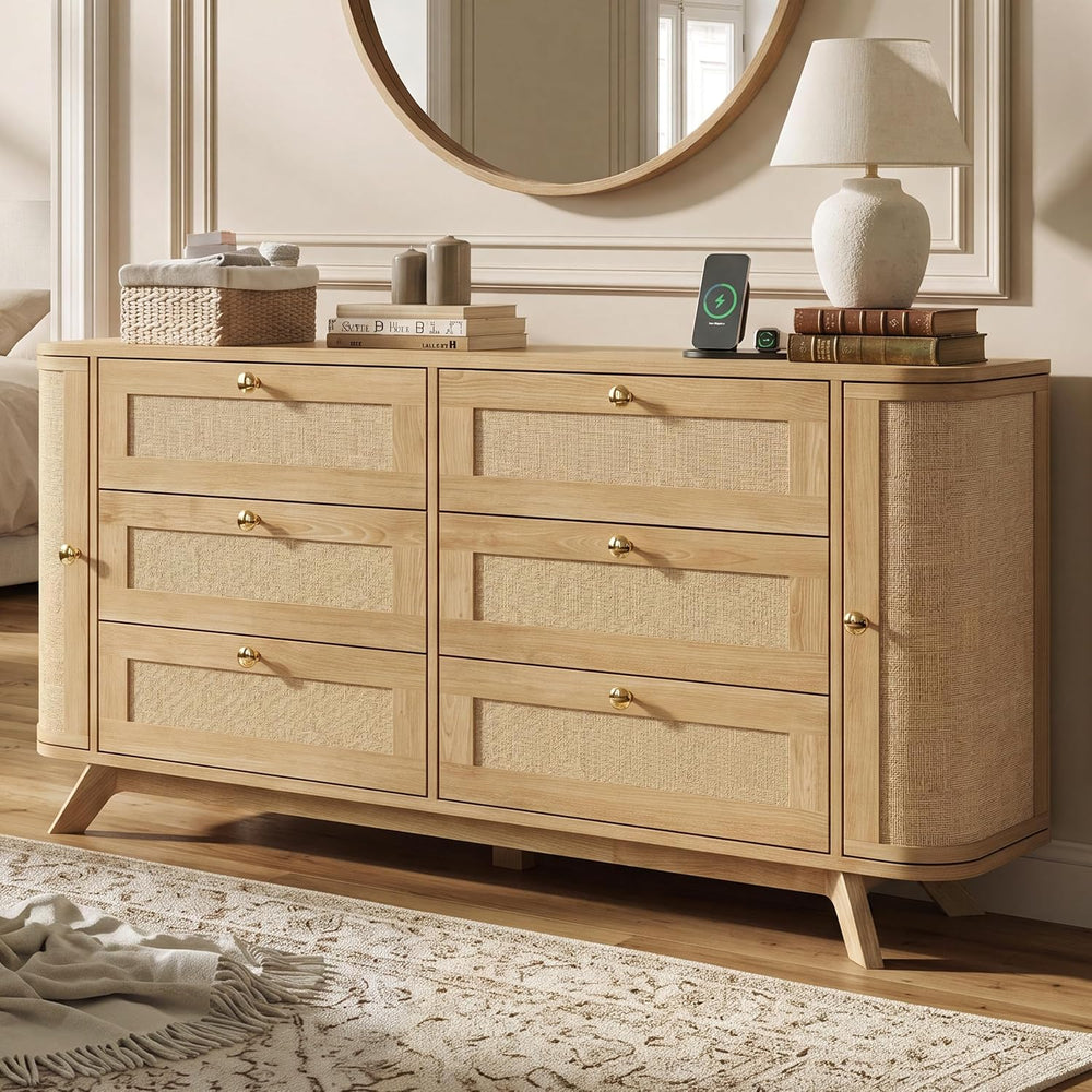 6 Drawer Dresser for Bedroom, 55" Wide Rattan Dressers & Chest of Dr...