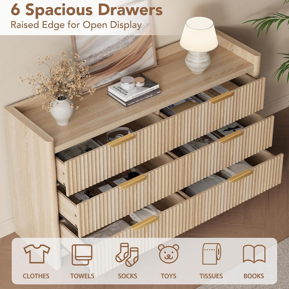 Decofy 6 Drawer Dresser for Bedroom, Fluted Dressers with Rounded Edge & ...