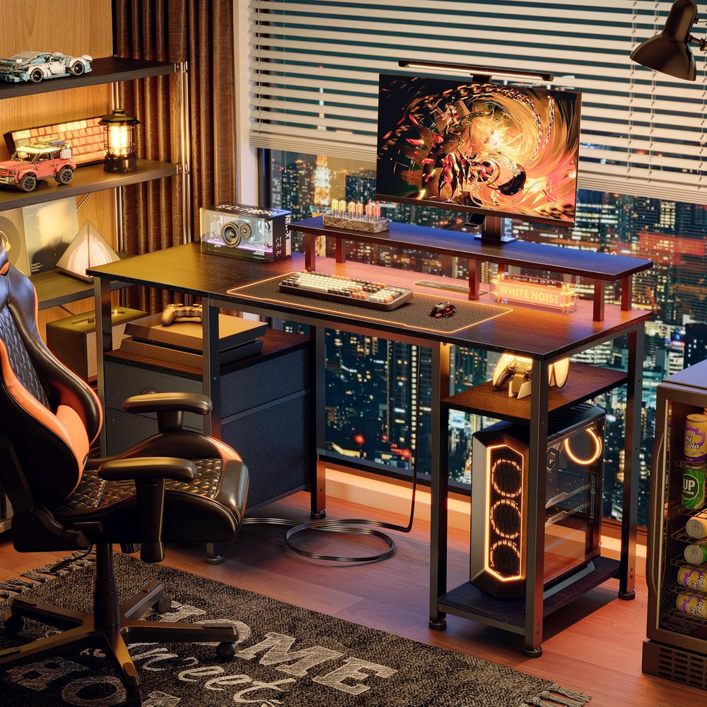 Furologee 51" Gaming Desk with Power Outlets & LED Lights, Reversibl...