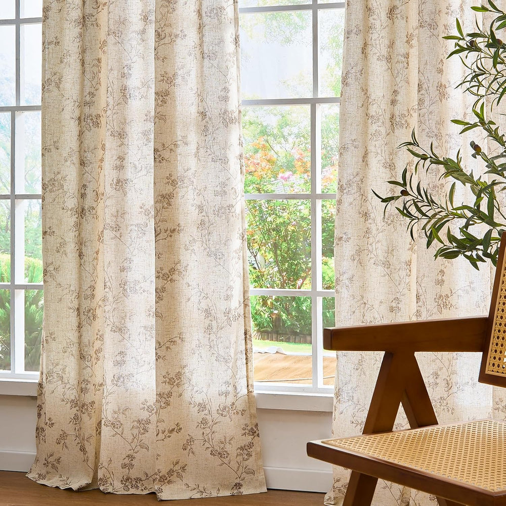 Lazzzy Taupe Vintage Floral Linen Curtains Farmhouse 50W X 84L 2 Panels