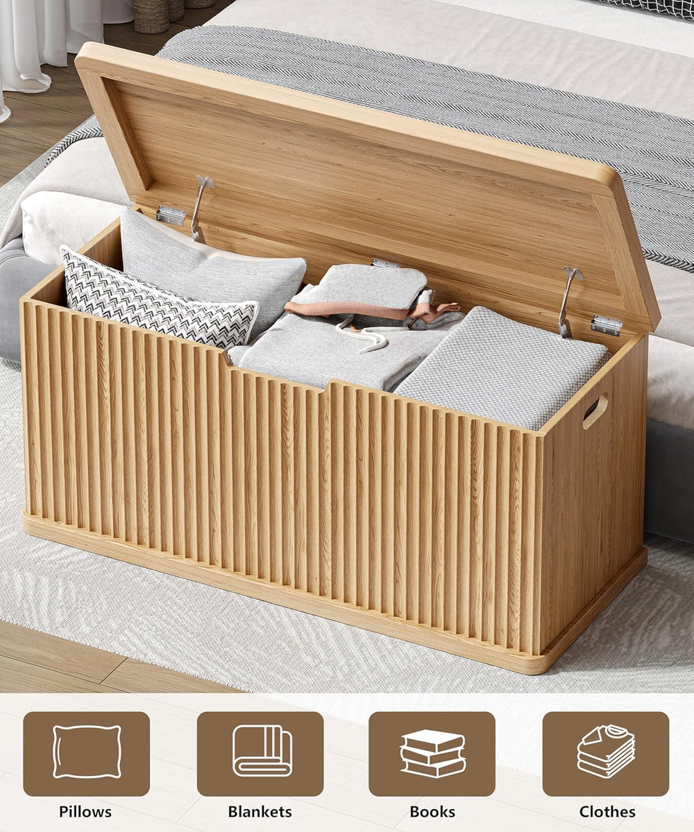 Akxomel 37.4" Fluted Storage Chest Wooden Storage Trunk 2 Safety Hinges ...