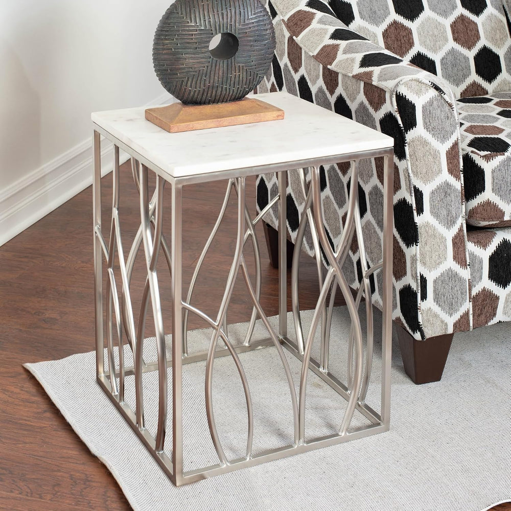 Penau Square Marble End Table, White Marble Top with Natural Gray Veins, Poli...