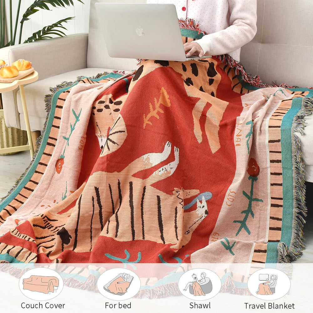 Boho Throw Blanket Reversible Woven Bohemian Tapestry Room Decor
