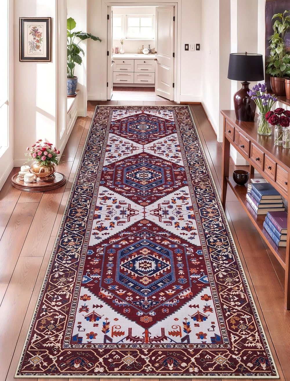 SERISSA Runner Rug for Hallways, Long Boho Rug Vintage Burgundy Navy Hallway
