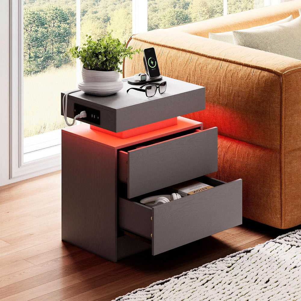 LIKIMIO Nightstand Set of 2 with Charging Station LED Light 2 Drawers Grey