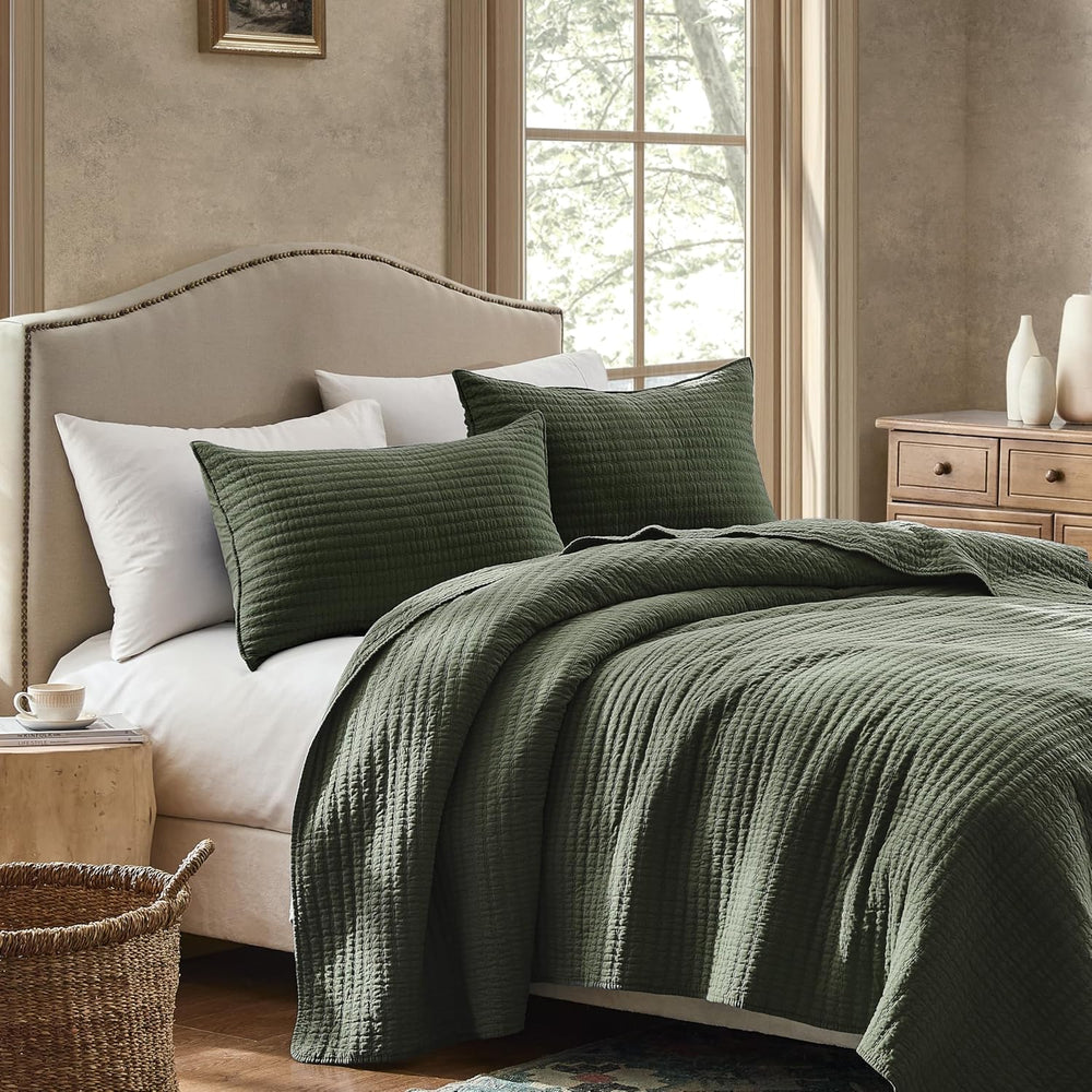 WDCOZY 100% Cotton King Size Quilt Set, Channel Pick Stitch, Olive Green