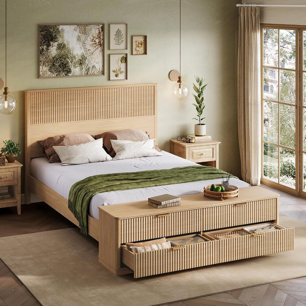 LINSY Fluted Boho Queen Bed Frame with Storage Bench, Natural Oak