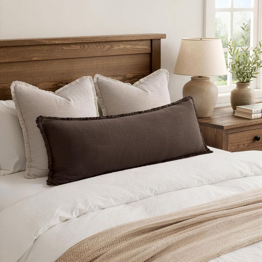 MIULEE 14x36 Long Linen Fringe Lumbar Pillow Covers Set of 1 Reddish Brown