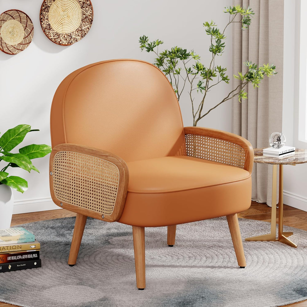 Aklaus Mid Century Modern Accent Chair Set of 2 Armchair with Rattan Arms Uph...