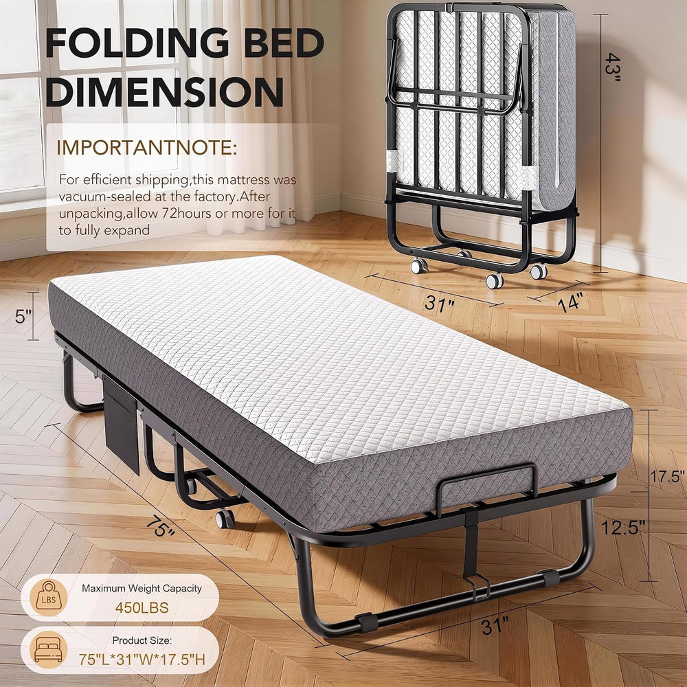 Decofy Folding Bed with Memory Foam Mattress Portable Rollaway Guest Beds on ...